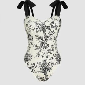 CIDER Black & White Floral Corset Bodysuit Bow Tie Straps Sweetheart Neckline